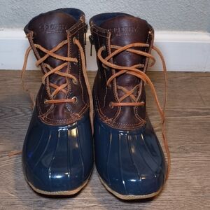 Sperry Navy and Brown Leather Lace-Up Duck Boots Size 9.5 Women's Y9